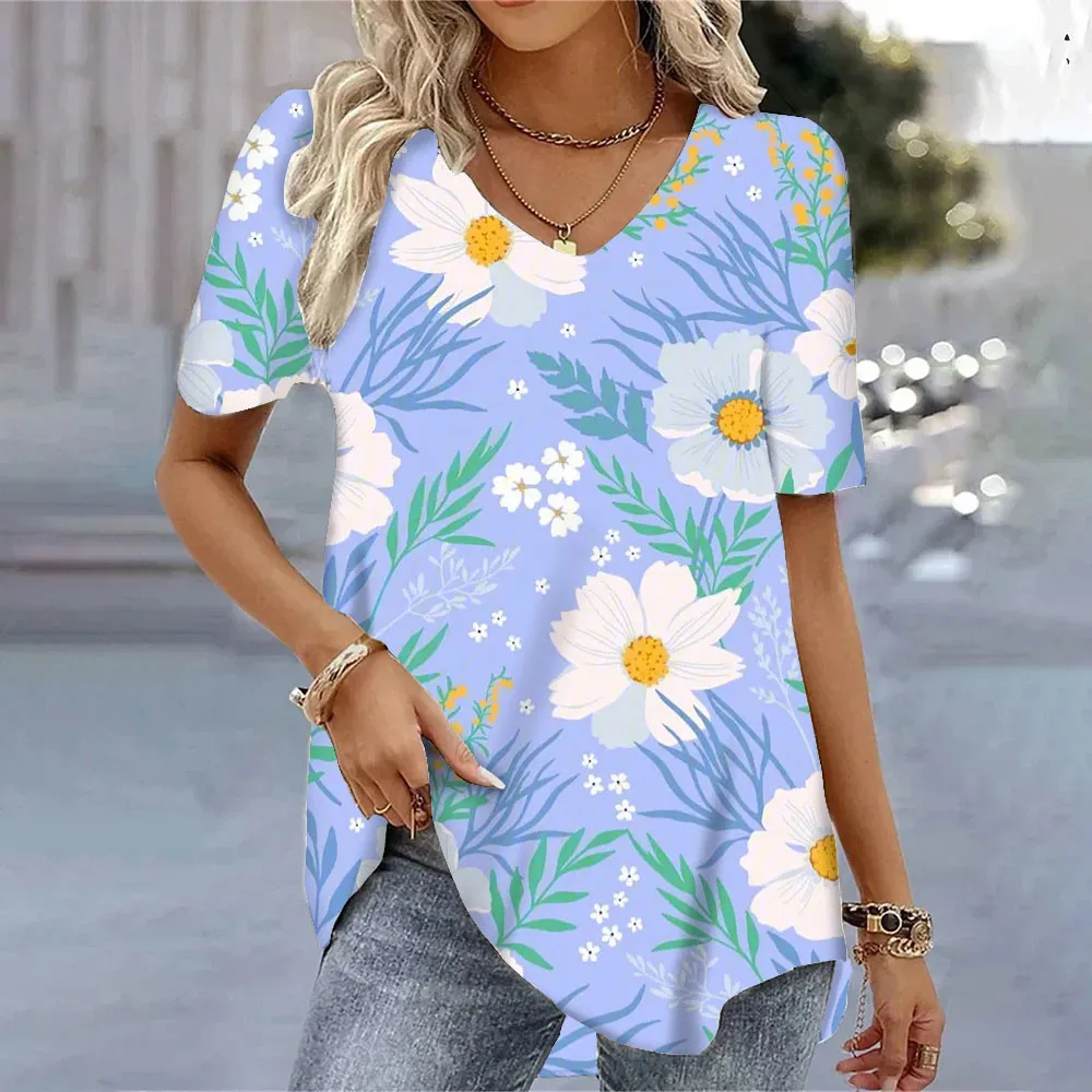 

2024 New Women Loose Youthful Floral Print Trend V-Neck Short-Sleeved T-Shirt Fashion Summer Woman Clothing Collection Casual To