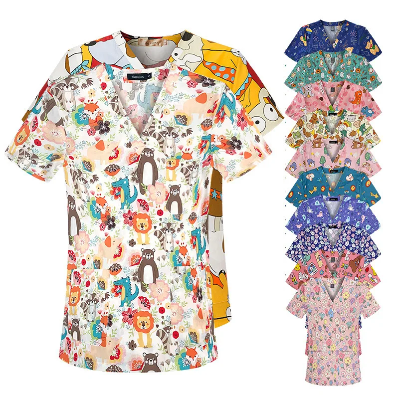 Printed Nurse's Clothing, Short Sleeved Hand Wash Clothes, Female Doctor's Summer Thin Design, Cotton Home Care, Beauty, Pet