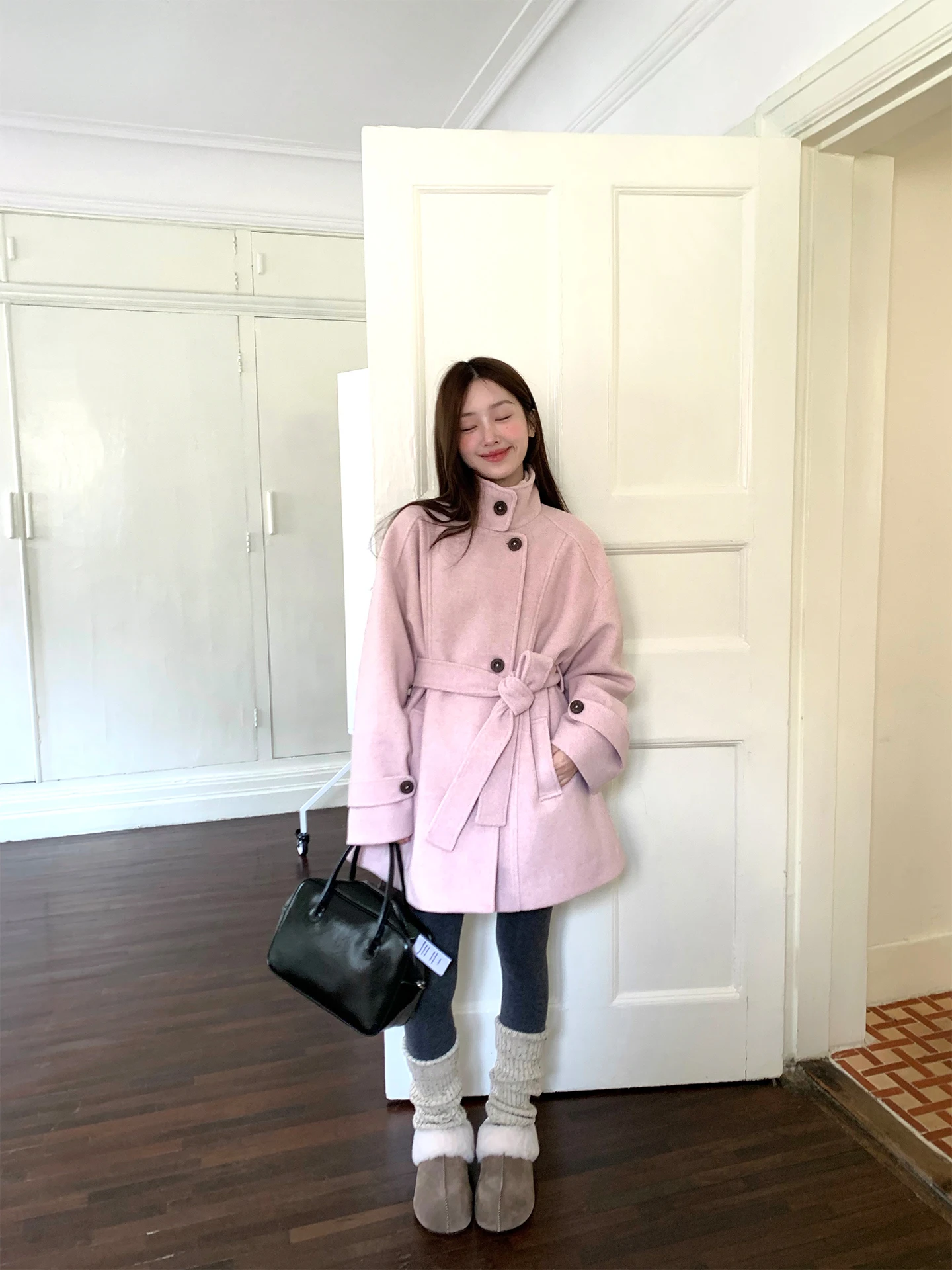 

Winter Woolen Pink Cotton Blend Mid-Length Women's Jaet Belted Coat Casual Sle Thiened Autumn Winter Outerwear