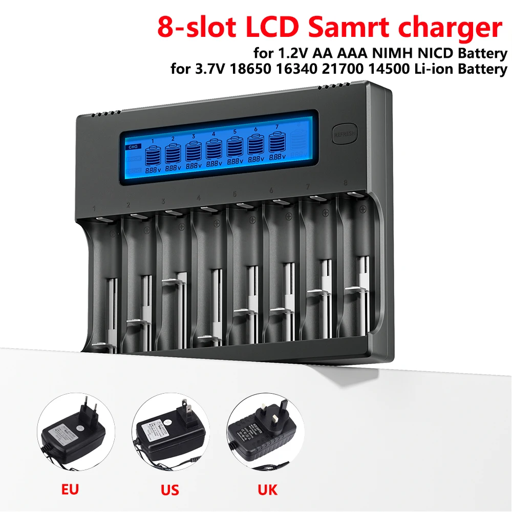 PALO 4-8 Slots LCD Samrt Charger for 3.7V 18650 16340 21700 14500 Li-ion Cylindrical Battery 1.2V AA AAA NIMH NICD Batteries