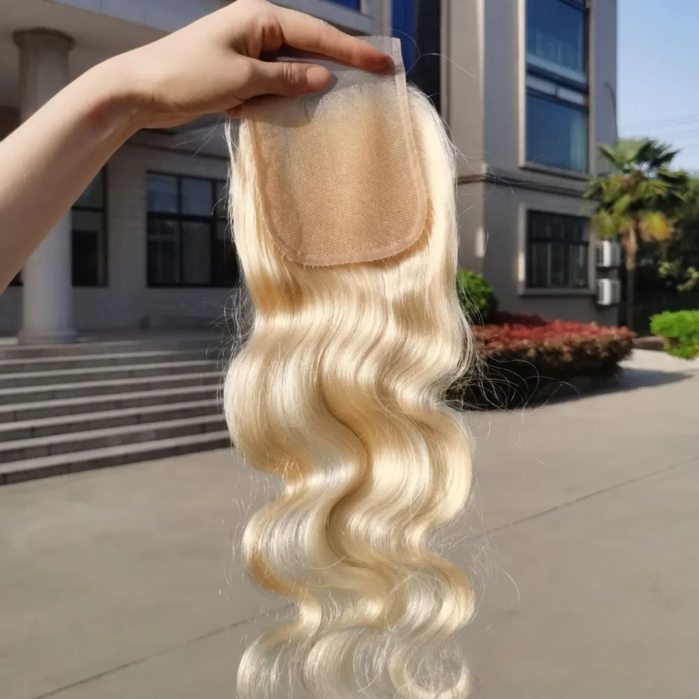 613 Chiusura in pizzo biondo miele 4X4 Pizzo trasparente Capelli vergini brasiliani Parte libera Prepizzicato Chiusura in pizzo biondo al 100% con onda del corpo