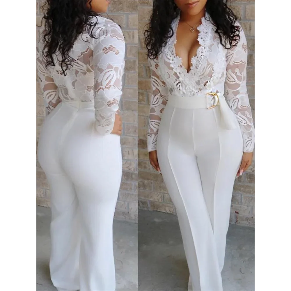 Elegant White Jumpsuits for Women, Lace Stitching, Long Sleeve, V-neck, Wide Leg Trousers