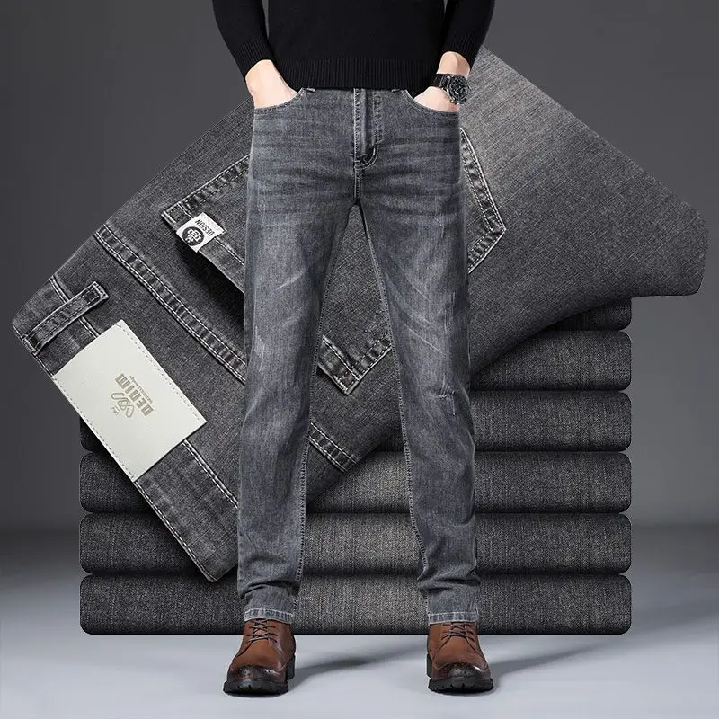 Blue Gray Denim Jeans Baggy Pants Men Autumn Versatile Straigh Mens Retro Work Trousers Classic Casual Cotton Stretch Size Jean
