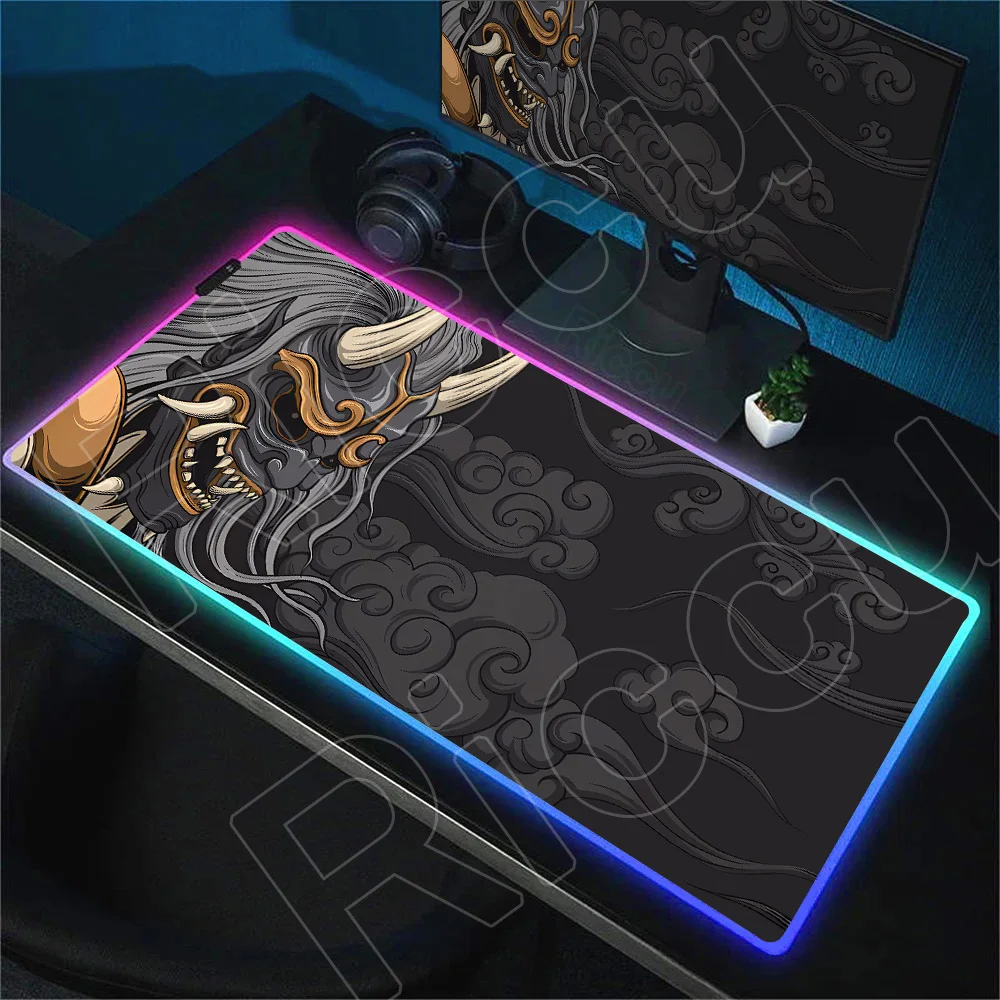 

RGB Mousepad Japanese Ghost Face Mouse Mat Large Luminescence Mouse Pad Gaming Accessories XXL Oni Deskmat Keyboard Anime Carpet