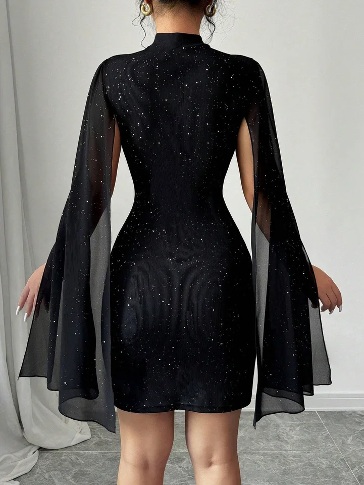 Vestido Mini Capa de Cuello Alto para Mujer con Lentejuelas Brillantes para Fiesta Nocturna Entallado Elegante Otoño Invierno 2
