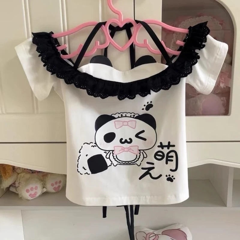Japanese Kawaii Lolita Style 2 Piece Set Women Sweet Off Shoulder Ruffles Cartoon Panda Print Crop Top Y2k Cute Cake Mini Skirt