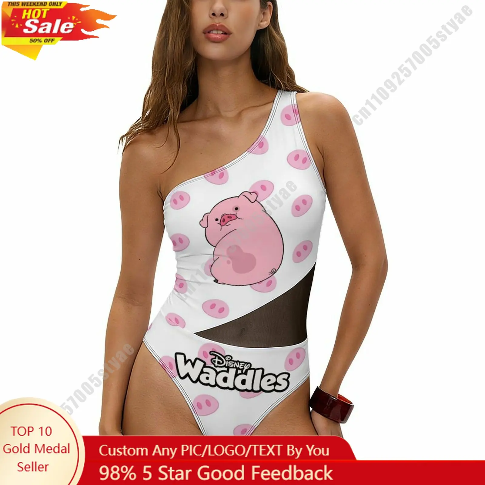 

Waddles Swimsuit Disney Personalized Custom Print One Piece Swimwear Sheer Mesh Cutout Bathing Suit Beachwear Holiday Gifts
