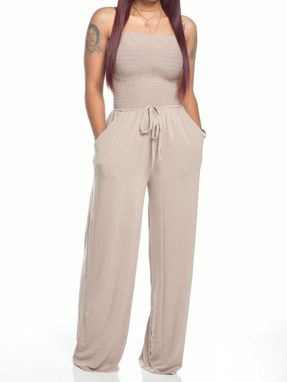 

Jumpsuits Women Bodysuit One Pieces Outfits Romper Sexy Flat Shoulder Wrapped Chest Wide Leg Siamese Summer Female Clothing