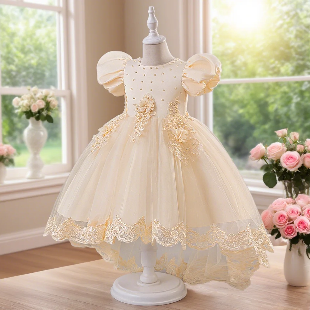 

Girls elegant light princess dress tulle skirt suitable for wedding and show puff sleeve princess gown dress