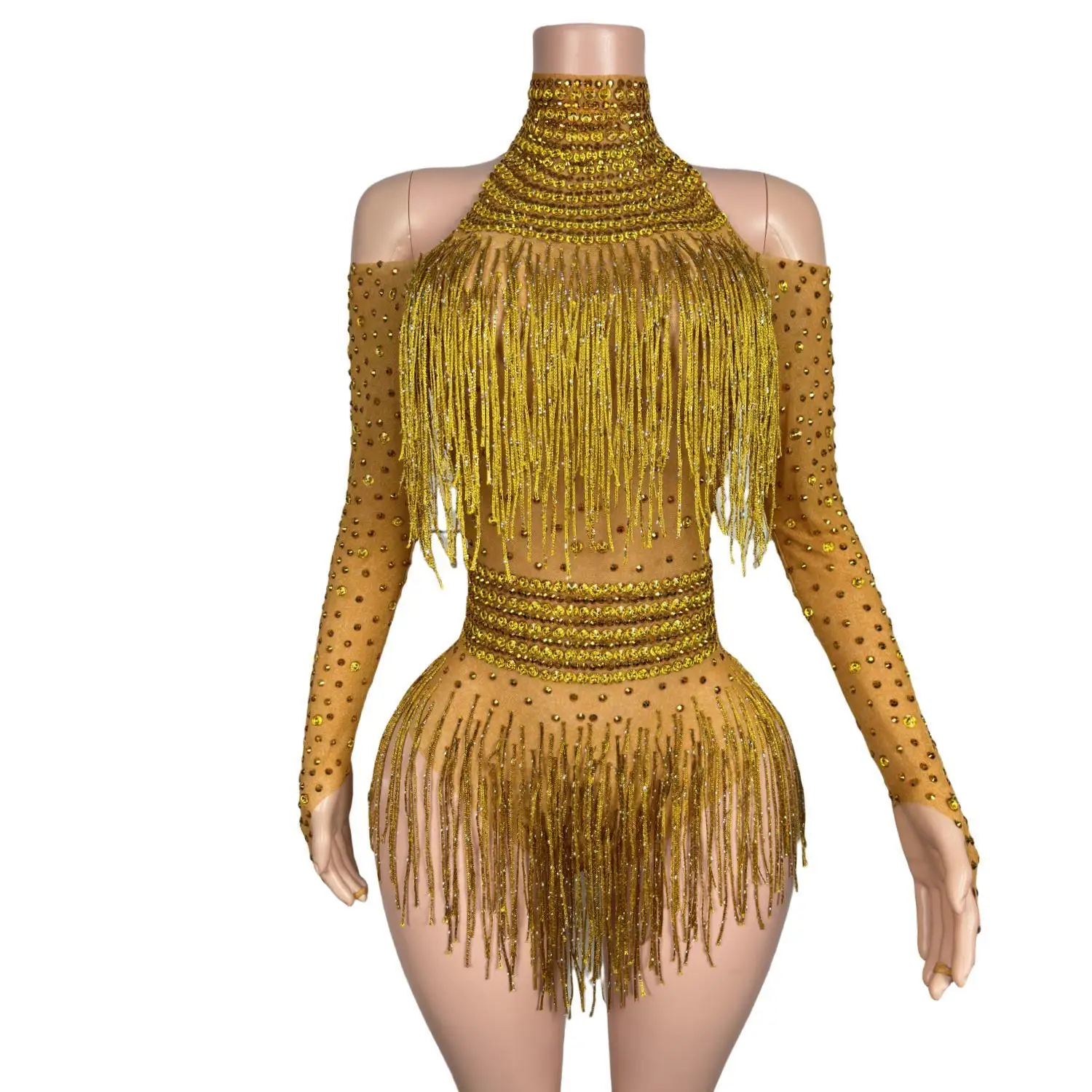 

Gold Color Tassels Women Sexy Halter Rhinestones Bodysuit Sexy Nightclub Party Celebrate Birthday Leotard Nvtuan