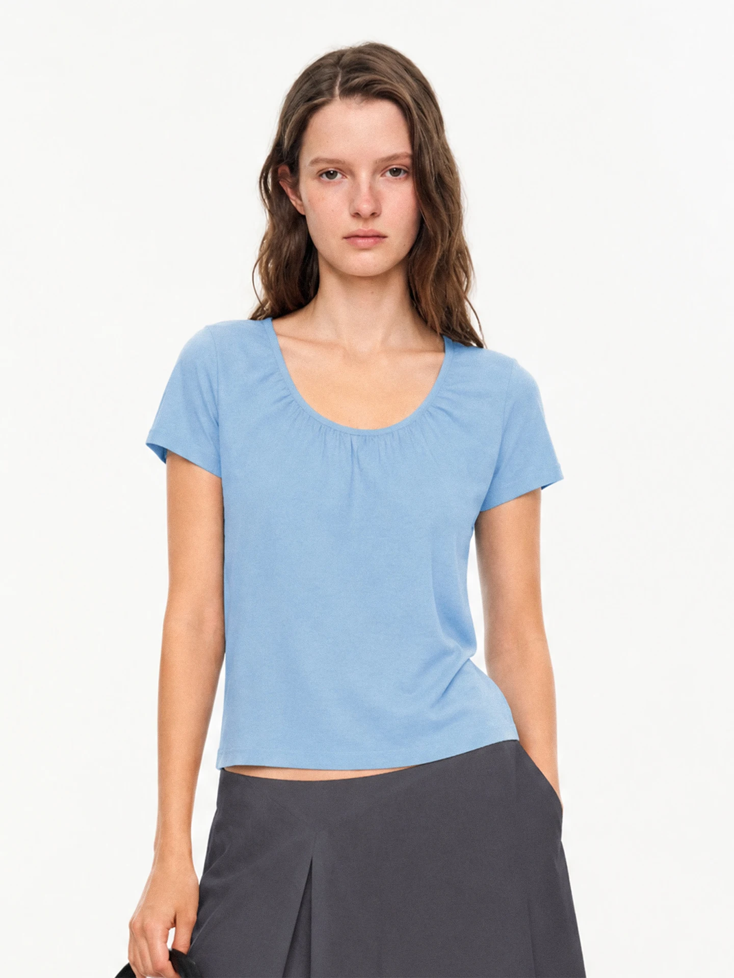 TDDP Cotton U-Neck Short Sleeve T-Shirt Women's Loose Slim Fit Summer Casual Style Drawstring Shoulder Line Top