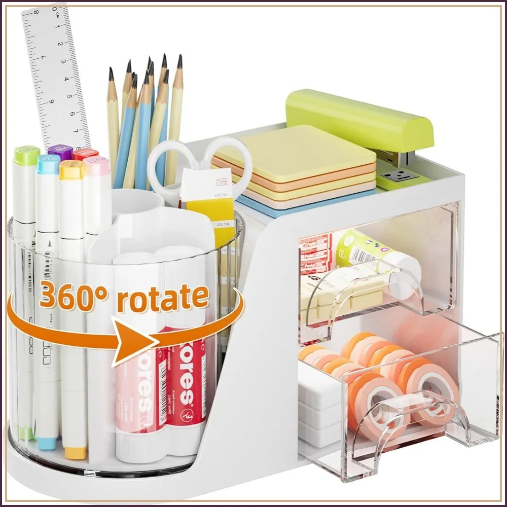360° Rotating Desk Organizer with 2 Drawers, 6 Slots Pen Holder, Art Supply Storage Caddy for Office (White)