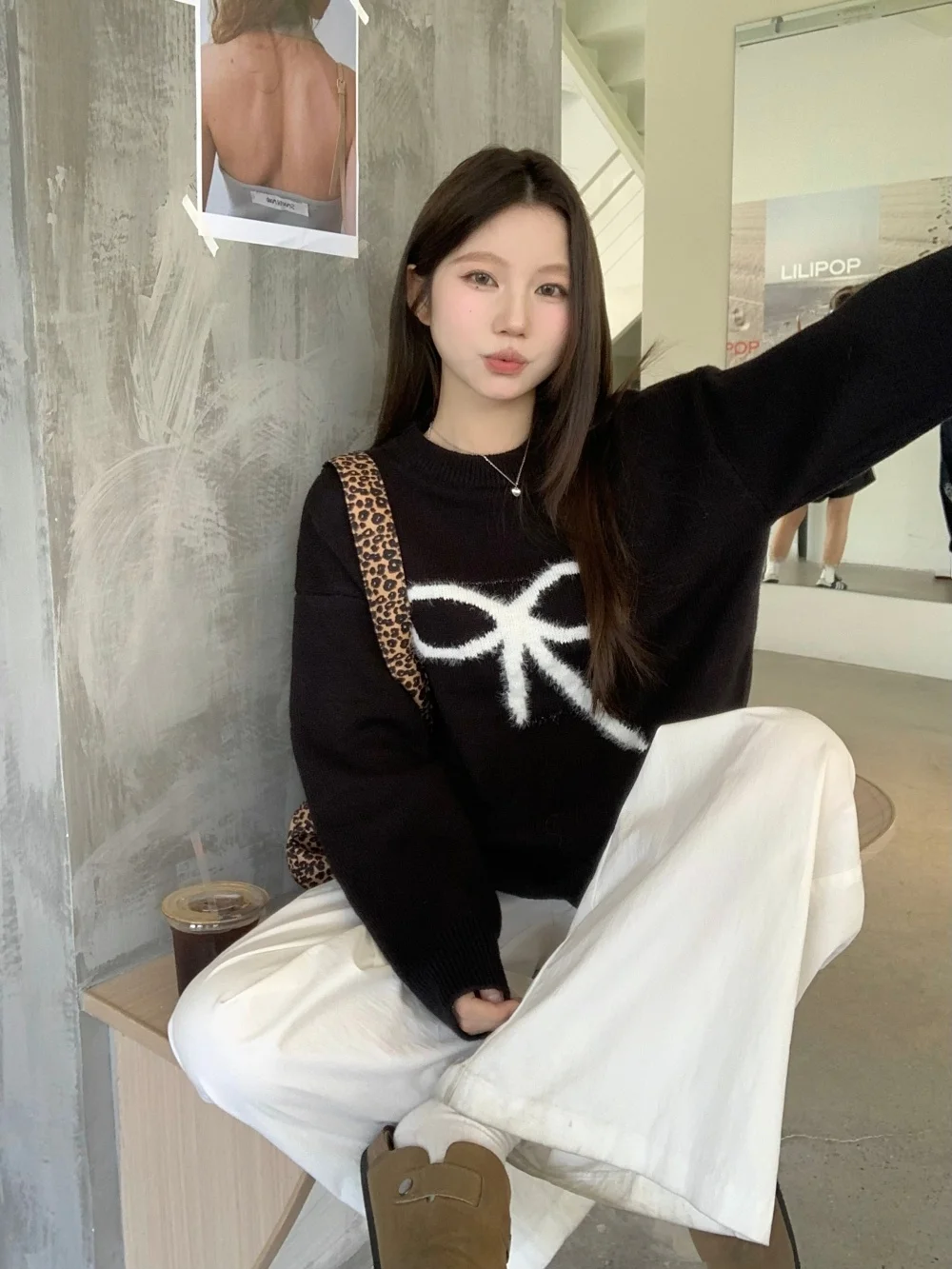 Bow Black Pullover Sweater 2024 Autumn Women clothes Small Lazy Design Sense Knit Top Tide