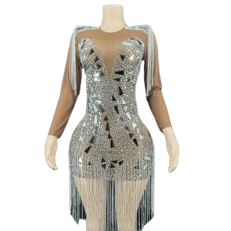Robe en maille transparente avec chaînes de cristaux et miroirs argentés, à franges, Costume de célébration d'anniversaire, tenue de Festival en boîte de nuit, nouvelle collection