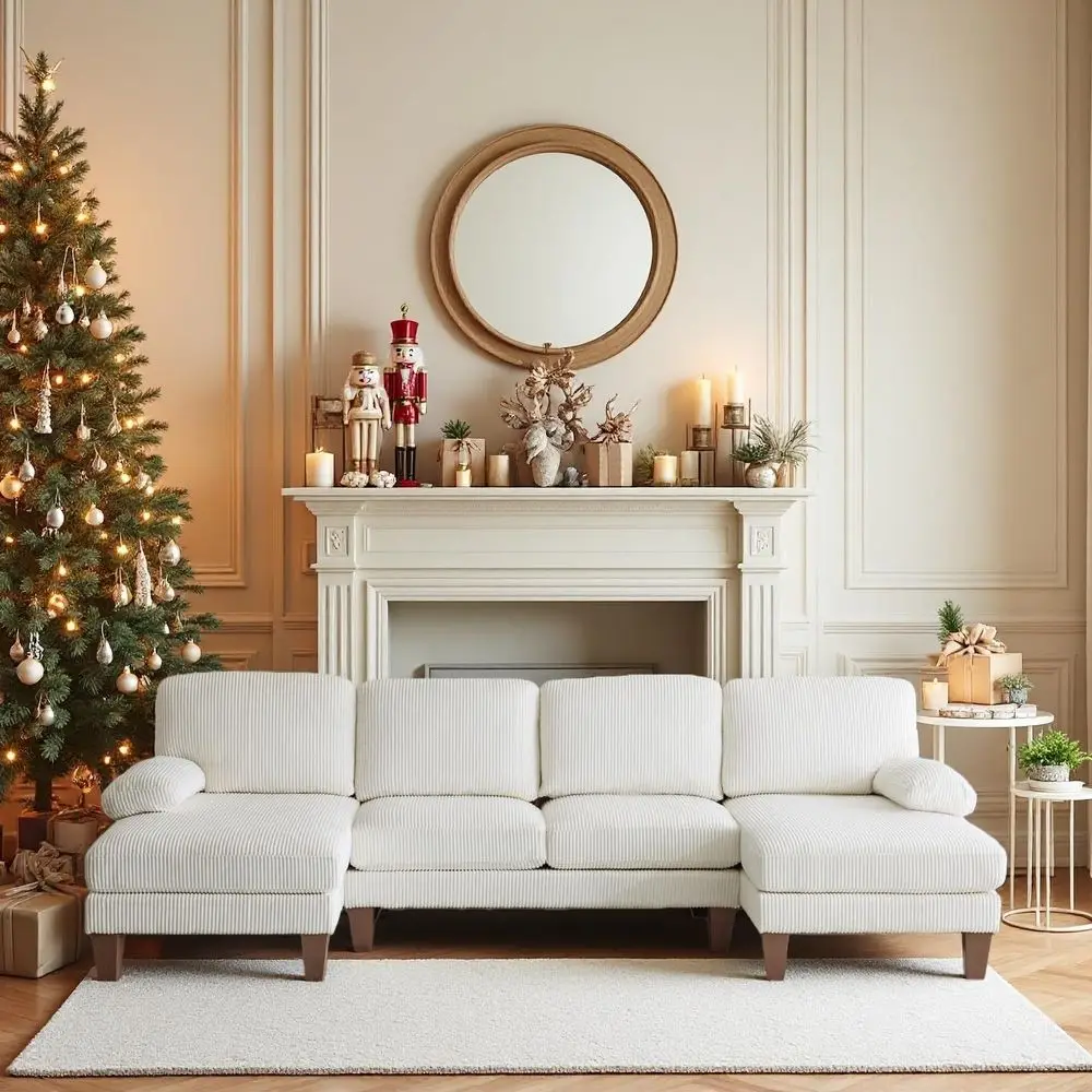 

110' haped Comy Sectional Couch, Double Chaise Soa in Corduroy abric or Aparent, 4-Seater Upholstered Couch with Memory oam, ern