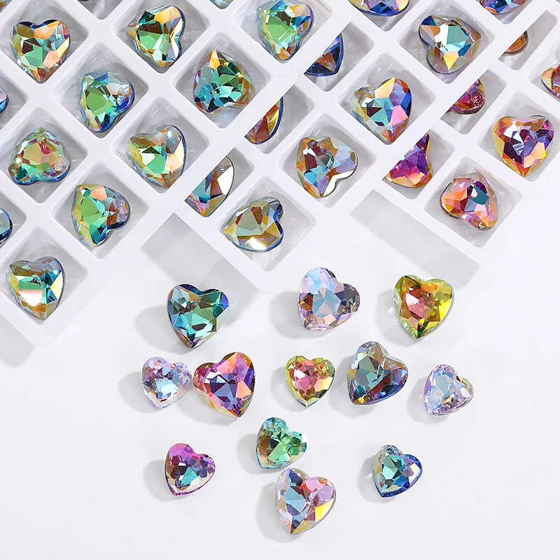 8mm Glitter Glass Rhinestones Heart Shape K9 Glass Crystals Stone Pointback Nail Art Crafts Glue On Stones Jewelry Accessories