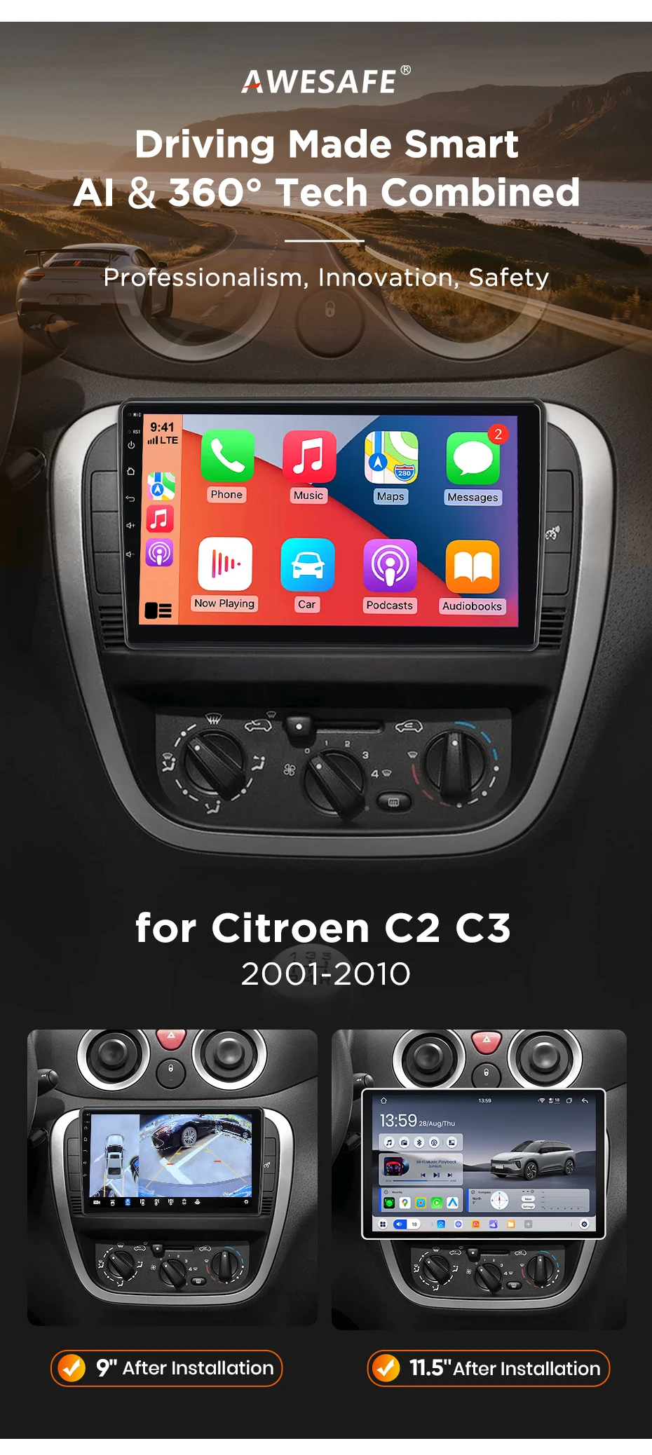 AWESAFE Kabelloses CarPlay Android Radio für Citroen C2 C3 2001-2010 mit GPS-Navigation Bluetooth WiFi Schnellstart DSP FM Plug & Play – Detail 5