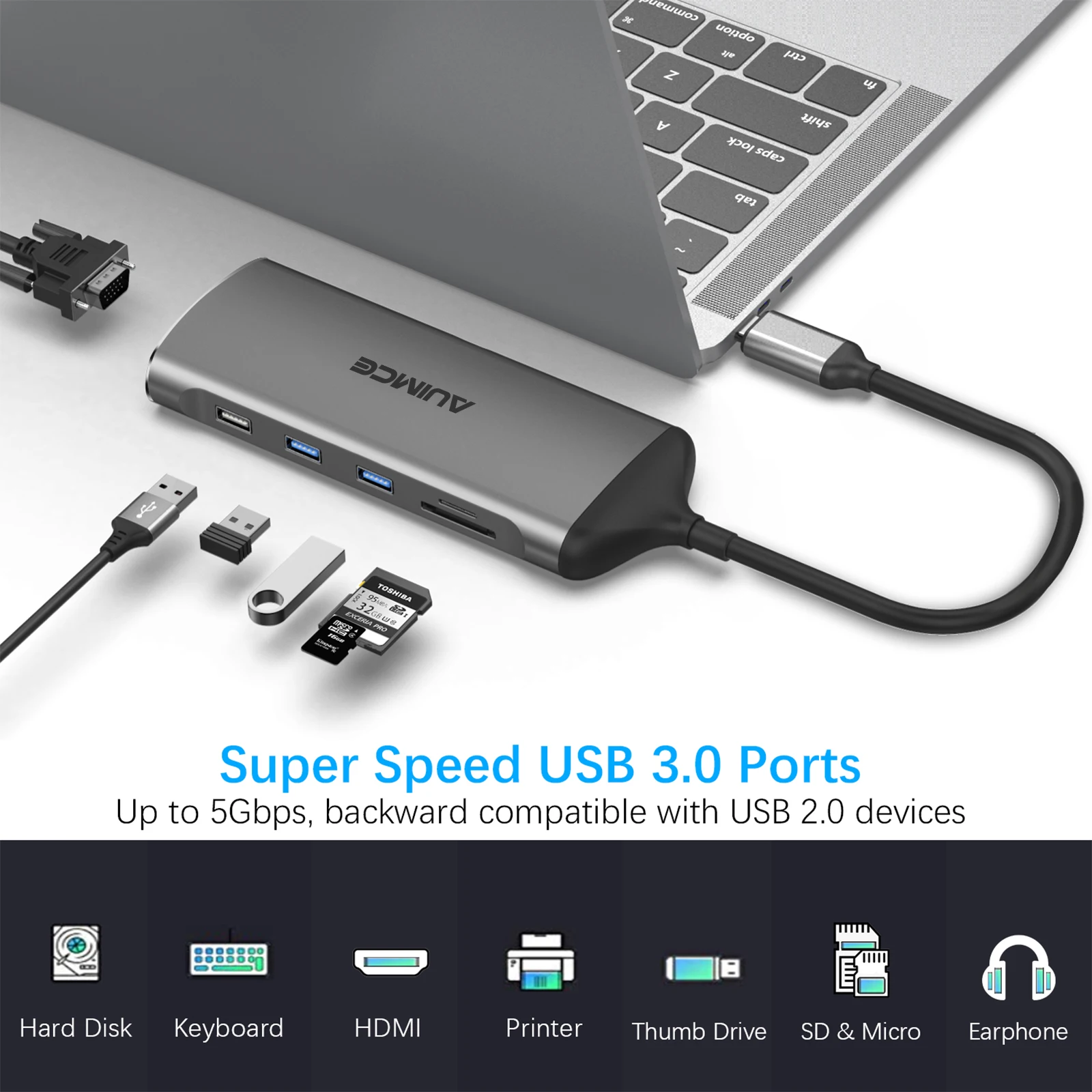 

Док-станция USB C Plug and Play с тройным дисплеем 2*4K@30 Гц HDMI+2K@60 Гц VGA, 2*USB A 5 Гбит/с, USB C PD100W, Ethernet SD/TF Audio