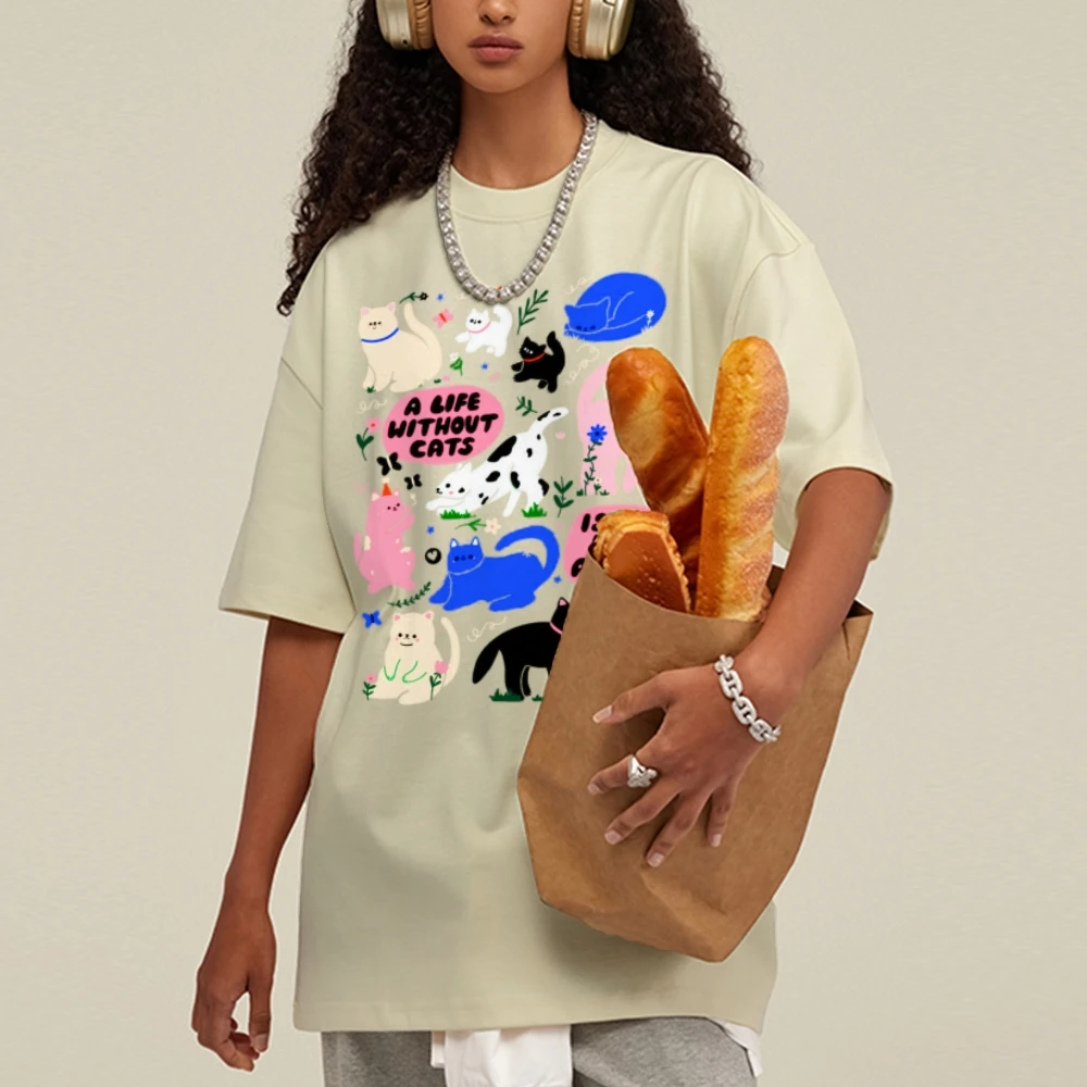 Kawaii Cat Print y2k Shirt Women Graphic Clothing Unisex Retro Shirt Funny Vintage Washed t-Shirt Top Tees