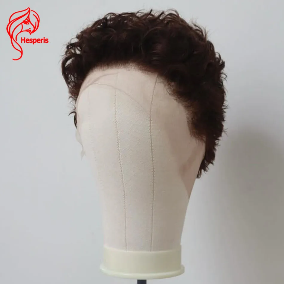 Hesperis Short Pixie Cut Full Lace Wig for Men Pre-Plucked Brown Curly Human Hair Male Wig Full Coverage Curl Wig for Boys