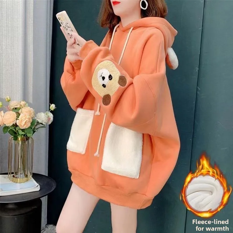 

Очаровательная женская утепленная флисовая толстовка с принтом ленивого медведя, повседневная верхняя одежда для осени и зимы, студенческая куртка