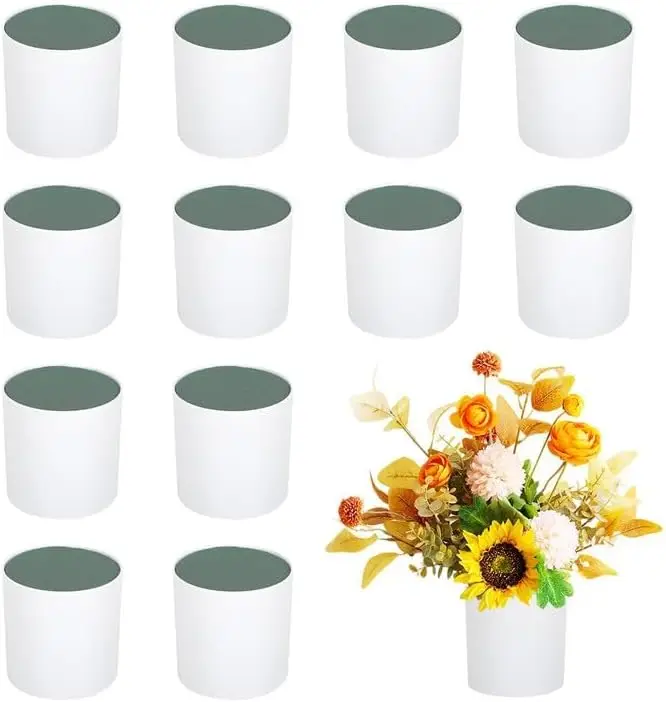 12 مجموعة من صناديق زراعة الأسطوانات البلاستيكية مقاس 4 × 4 بوصة لترتيبات صندوق زهور بلاستيكي مستدير أبيض مع رغوة قابلة للإزالة