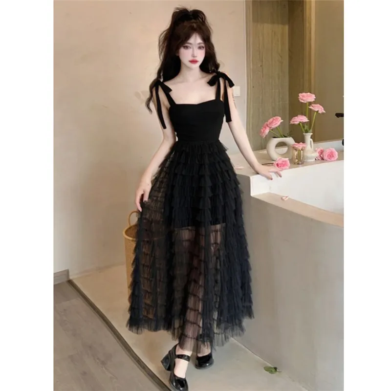 

2023 Summer Women Tie Bow Black Spaghetti Strap Dress Sleeveless Strapless Backless Mesh Dresses Ladies A Line Long Cake Vestido