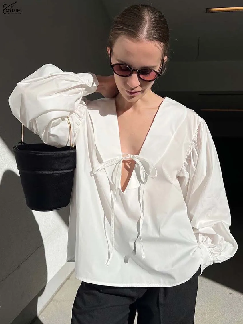 Oymimi Elegant White V-Neck Womens Blouses Fashion Lace-Up Long Sleeve Button Blouses Autumn New Loose Solid Blouse Streetwear