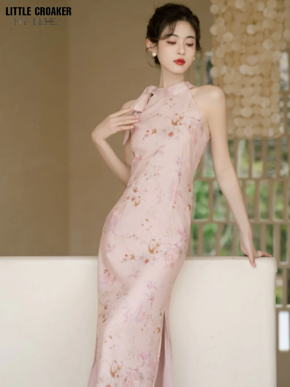 20223 gaun Cheongsam terpisah harian Tiongkok leher Halter merah muda gaun musim gugur Tiongkok baru Qipao ditingkatkan Cheongsam