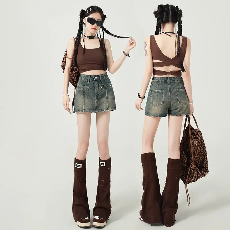 

Женские шорты Y2k, винтажная уличная одежда, модные летние джинсовые шорты в американском стиле ретро, простые, эстетичные, универсальные, повседневные, с высокой талией, Harajuku