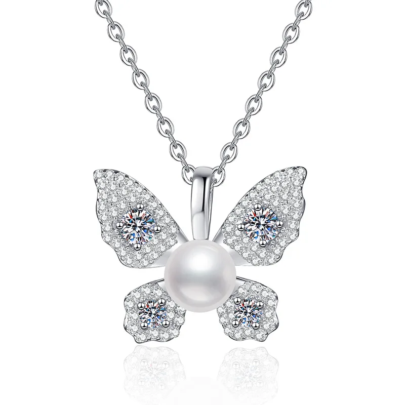 HAIMAITONG PT950 البلاتين عبر الحدود رائجة البيع ، قلادة مويسانيتي قلادة لؤلؤ المياه العذبة الطبيعية قسط قلادة على شكل فراشة