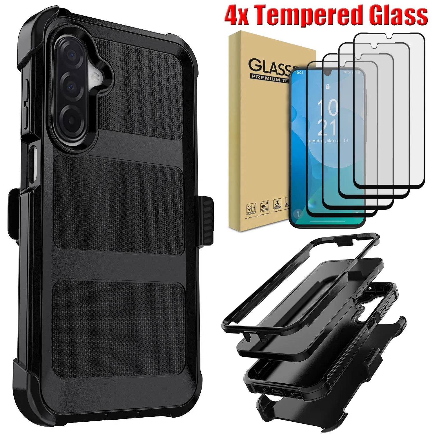 

For Samsung For Galaxy A17 Rugged Bumper Case Shockproof Heavy Duty With Belt Clip +4PCS Clear Tempered Glass Screen Protector
