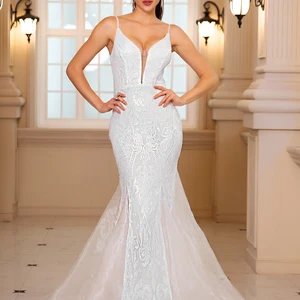 Hülse ohne V -Neckline -Pailletten Meerjungfrau Mermaid Back Hochzeitsfeier Kleid bis zum Bodenkleid im Nachtball gekleidet 8 Hauptverkaufskleid Meerjungfrau Brautjungfer Hochzeit - №3