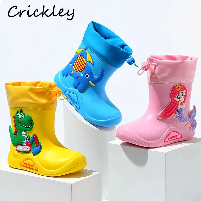 Cartoon Mermaid Dinosaur Children Rainboots Waterproof EVA Boys Girls Water Shoes Elastic Band Soft Bottom Kids Rain Boots