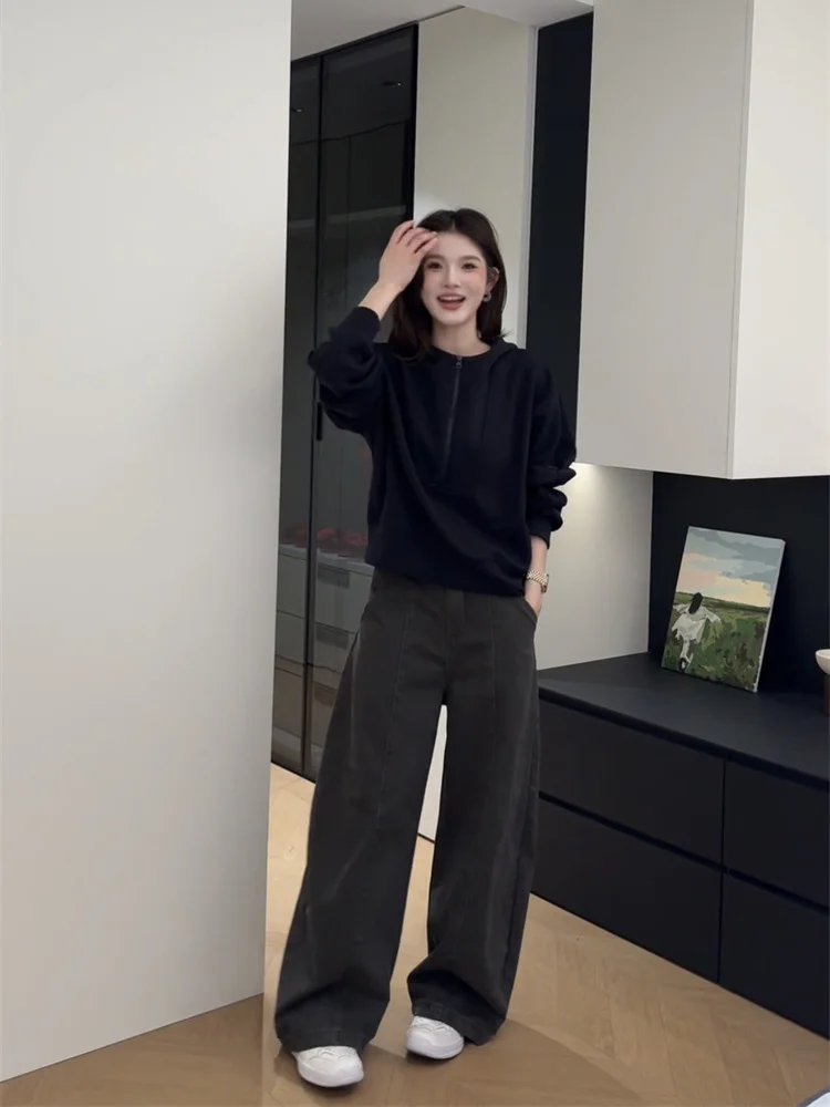 2025 شتاء جديد موضة فضفاضة الدافئة مقنعين سترة قطن عالية الخصر بنطال ذو قصة أرجل واسعة المرأة عادية بلون قطعتين مجموعة #5