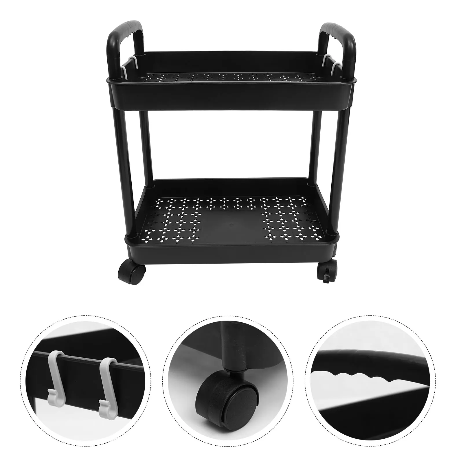 

2 Tier Rolling Cart With Hooks Large Storage Capacity Sturdy Pp Material Double Layer Storage Trolley Multi Purpose Cart On