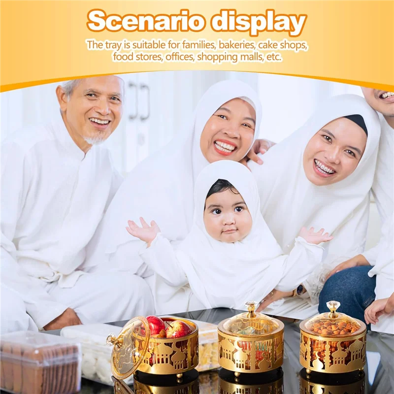 AF90-4 Pcs Ramadan Trays With Lid Gold Eid Mubarak Tray Ramadan Plate Ramadan Decorations Ramadan Food Storage Container