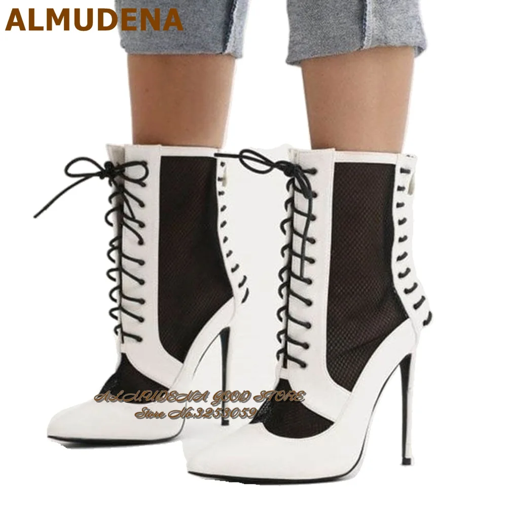 ALMUDENA Women White Matte Black Mesh Patchwork Ankle Boots Mixed Color Pointed Toe Lace-up Booties Network Cross Tied Shoes