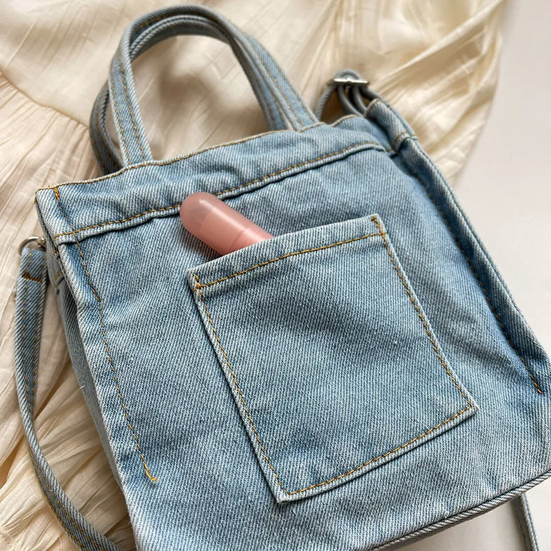 1 solid color washed old denim handbag for women\'s fashion single shoulder crossbody bag