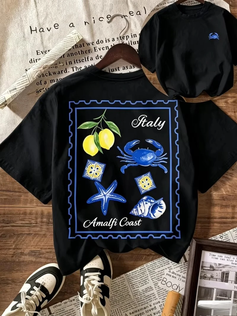 Italian Lemon Crab Stamp Graphic T-shirt Women Casual Short Sleeve Summer Daily Streetwear Commuting Trendy Fashion Wear