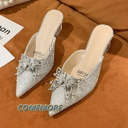 New Luxury Design Women's Slipper Closed Toe Slip on Mules Shoes Woman Pointed Toe Bow Knot High Heels Casual Slides Plus Size