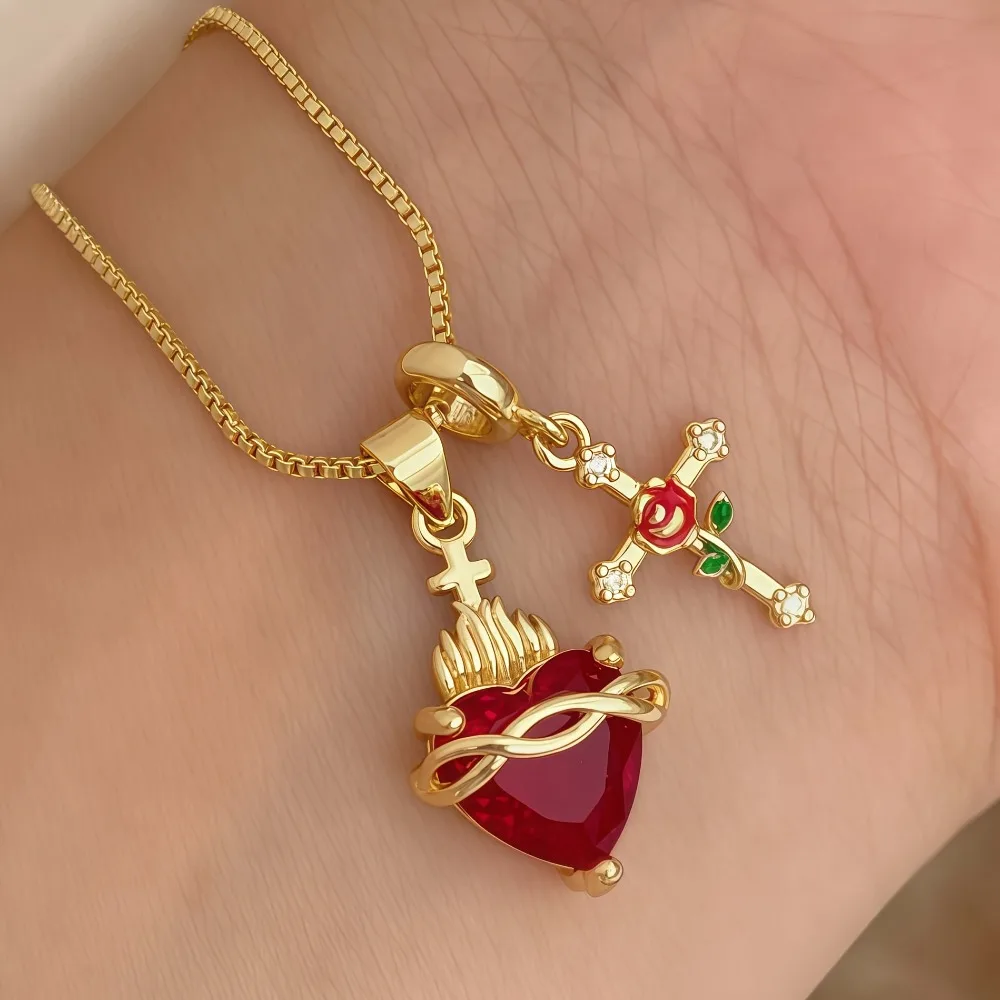 

18K Gold Plated Sacred Heart & Rose Cross Pendant Necklace, Stainless Steel with Red Cubic Zirconia & Enamel