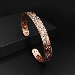 Magnetic Pure Copper Bracelet for Women Vintage Flower Energy Cuff Bangle Adjustable Jewelry Gift