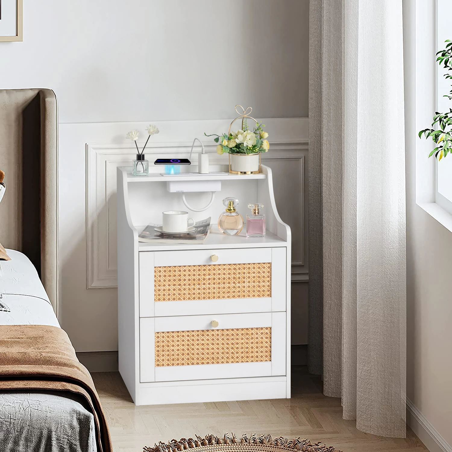 

] white particleboard with triamine matt gold tapered handle rattan two drawers with compartments bedside table 1