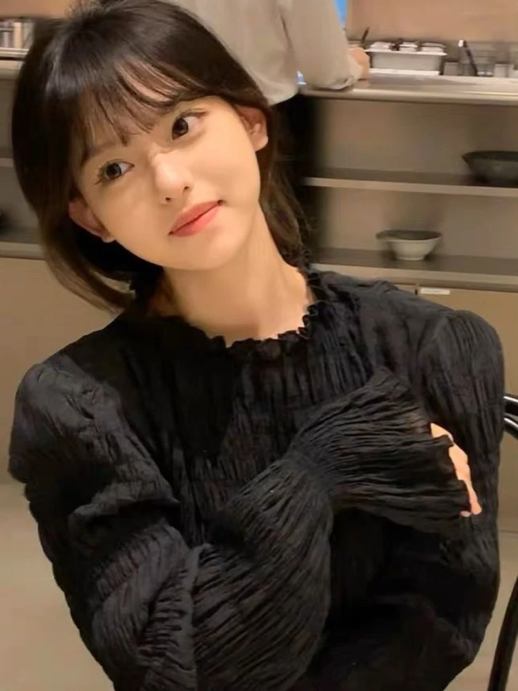 

Складные блузки женские однотонные с расклешенными рукавами простые универсальные весенние блузки с круглым вырезом Ulzzang модные свободные повседневные женские винтажные уютные блузки