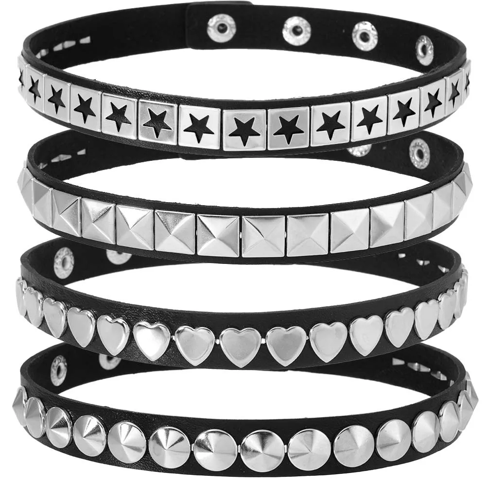 Gothic Studded Choker Necklace PU Leather Band Star Pyramid Heart Mushroom Studs Punk Spike Collar Jewelry Gift for Men Women