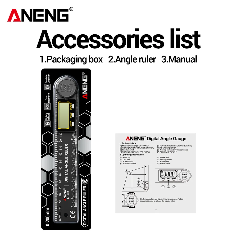 200 mm digitale display-hoekmeterdetector ANENG RC01 2 in 1 hoge nauwkeurigheid multifunctionele schaal geschikt voor detectie van houtbewerking