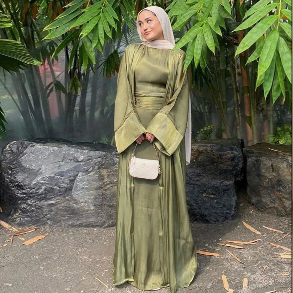 

Customized Olive Green Party Dresses for Muslim Woman Hijab Pleated Evening Dress Fluu Sleeves Elegant Prom Party Gown Long 2026
