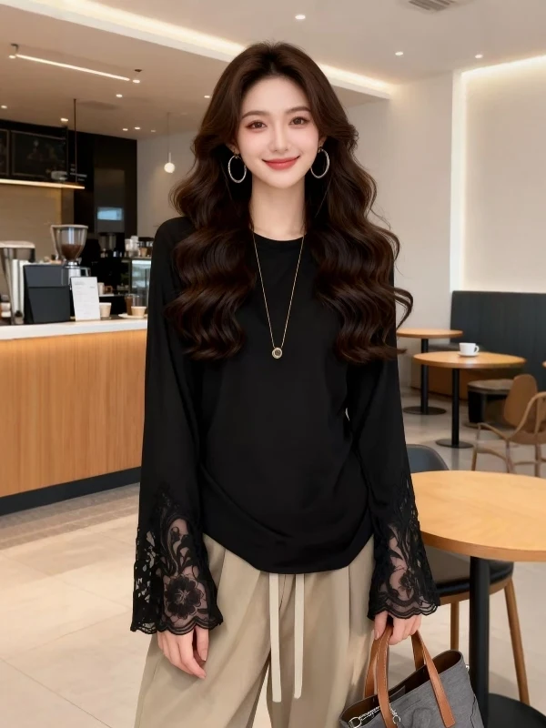 

plus Size Lace Hollow Long Sve T-irt Women's Loose Base Layer Top Korean Sle Spring Commute Faion Creative Pattern