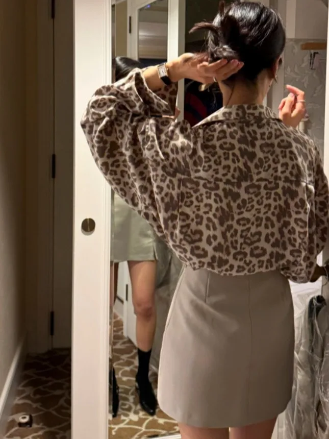 Chic vintage colletto alla coreana lungo Sve stampa leopardata chiffon sciolto da donna irt versatile design primaverile Faion a bottone singolo